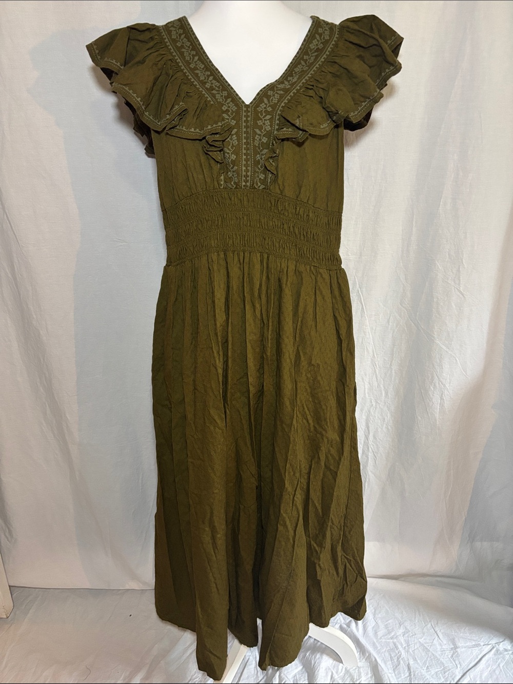 Universal Thread Olive Ruffle V-Neck Boho Cottagecore Maxi Dress